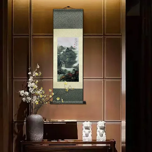 Miniatura 8 de AtfArt Decoración asiática de pared, hermosa pintura de pergamino de seda del paisaje del río de la cascada - Montaña, primavera, otoño