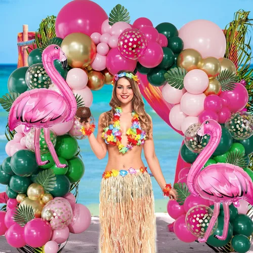 Miniatura 7 de Kit de Guirnalda de Arco de Globos de Flamenco Tropical de 156 Piezas, Globos de Lámina de Flamenco con Confeti Rosa Fuerte Verde Oscuro Rosa Claro