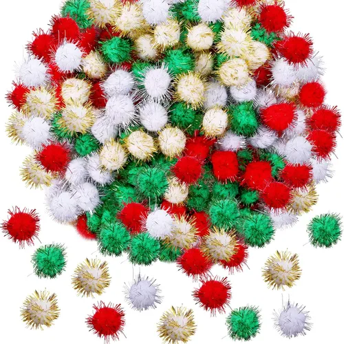 Miniatura 8 de Cooraby 200 pompones de Navidad con purpurina de colores surtidos (0.59 pulgadas)