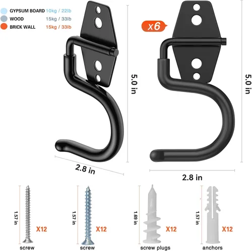 Miniatura 2 de HUPBIPY Paquete de 6 ganchos de metal para garaje, ganchos en S resistentes para pared de garaje, cobertizo, organizador de almacenamiento de jardín