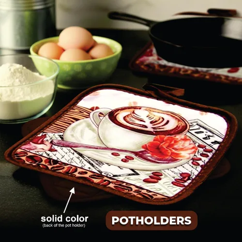 Miniatura 3 de Juego de toallas de cocina Café Latte de 5 piezas – Guante acolchado para horno y 2 agarraderas, perfecto para los amantes del café