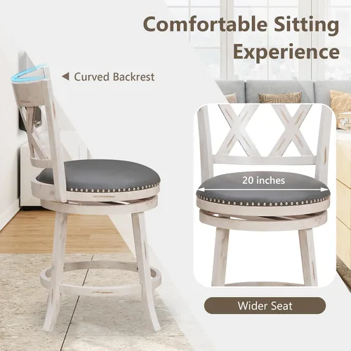 Miniatura 8 de COSTWAY Juego de 2 taburetes de bar para isla de cocina, taburetes giratorios de altura de mostrador sin brazos de 25.5 pulgadas con asiento