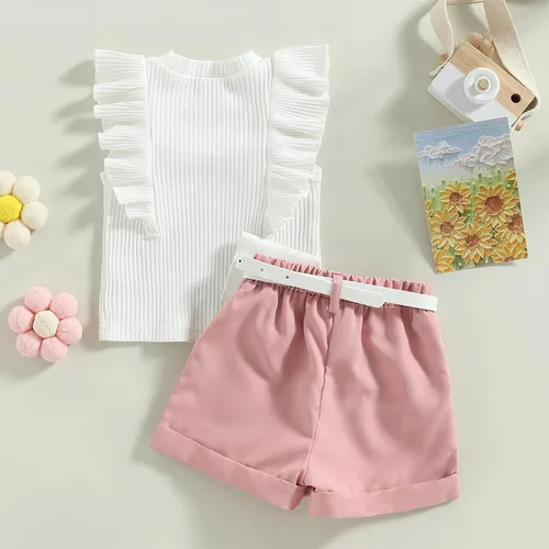 Miniatura 4 de Conjunto de ropa de verano para niña pequeña, con volantes, sin mangas, acanalada, pantalones cortos de cintura elástica con cinturón, ropa de moda