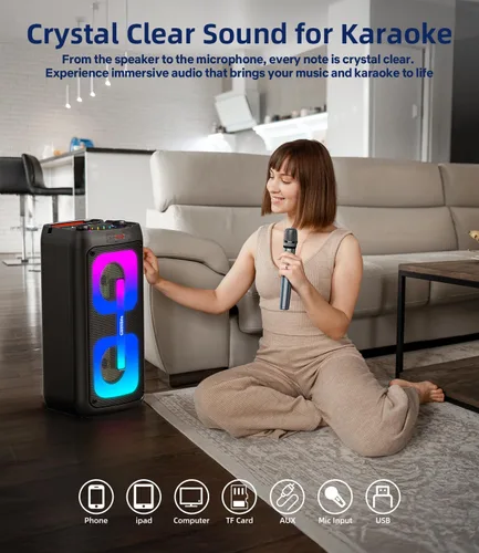 Miniatura 3 de Máquina de karaoke con 2 micrófonos inalámbricos, sistema PA portátil con luces LED, Bluetoot 5.3, altavoz de fiesta compatible con tipo C, USB