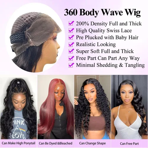 Miniatura 5 de Aaliweya Pelucas de cabello humano ondulado 360 HD con encaje frontal completo, correa oculta, densidad 200, cordón frontal 360, sin pegamento
