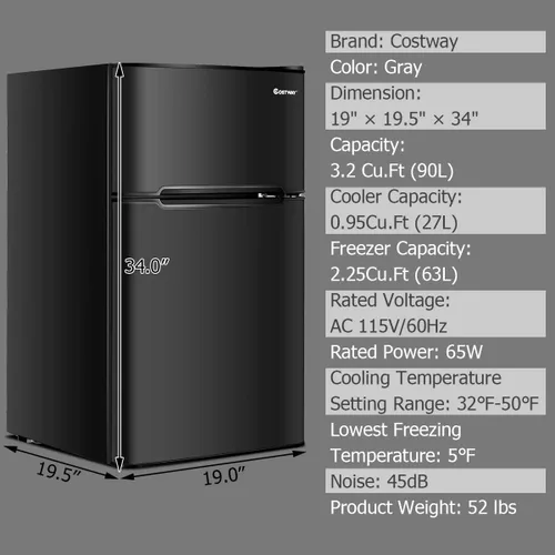 Miniatura 2 de COSTWAY Mini refrigerador con congelador, 3.2 pies cúbicos, mini congelador enfriador refrigerador de 2 puertas con puerta reversible, estantes