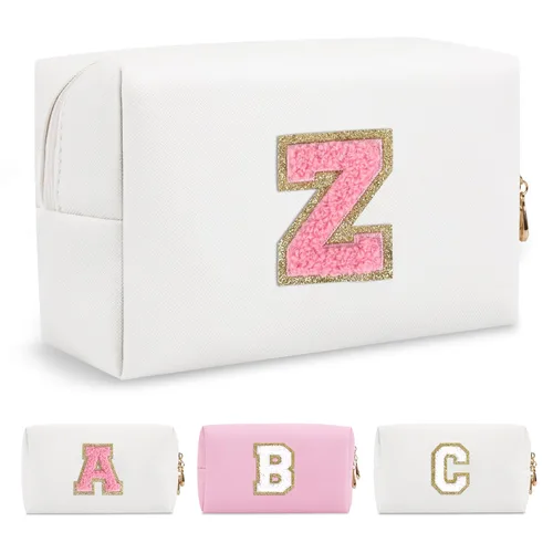 Miniatura 172 de Pequeña bolsa de maquillaje personalizada con inicial A-Z Preppy Patch, bolsa de cosméticos de viaje de felpilla blanca con cremallera, bonita bolsa