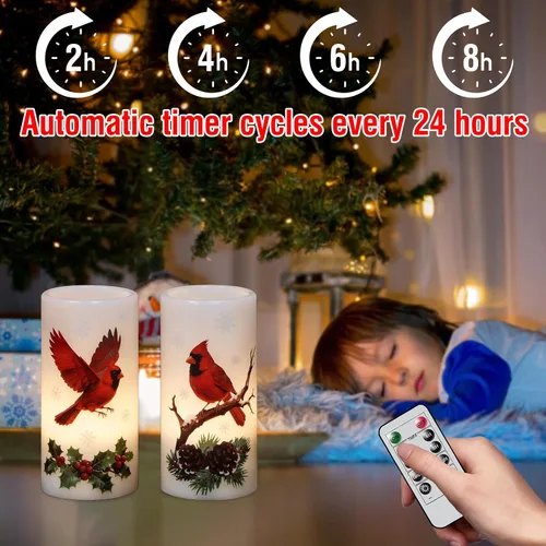 Miniatura 6 de Velas sin llama de cardenal de Navidad en pilar con control remoto y temporizador, velas LED en portavelas de cera real, vela operada por batería