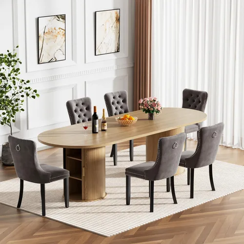 Miniatura 40 de Mesa de comedor redonda extensible de 94 pulgadas con base de almacenamiento, mesa de comedor expandible natural para 10, mesa de comedor de madera