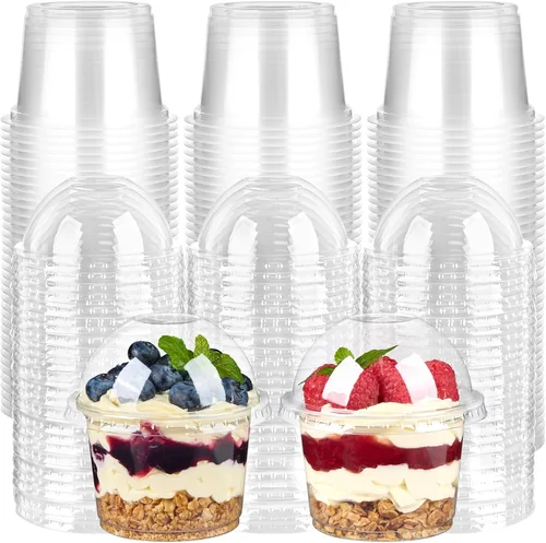 TOFLEN Paquete de 100 Vasos de Postre de Plástico de 8 oz con Tapas de Cúpula, Vasos Desechables Transparentes para Yogur Parfait con Tapas, Vasos