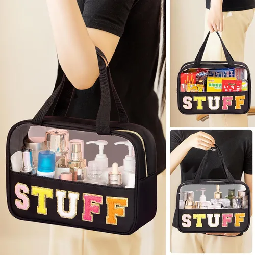 Miniatura 8 de Eurovicky Bolso de Maquillaje Transparente con Letras de Chenilla, Bolsa de Maquillaje de Nailon Preppy con Asa y Cremallera, Bolsa de Viaje