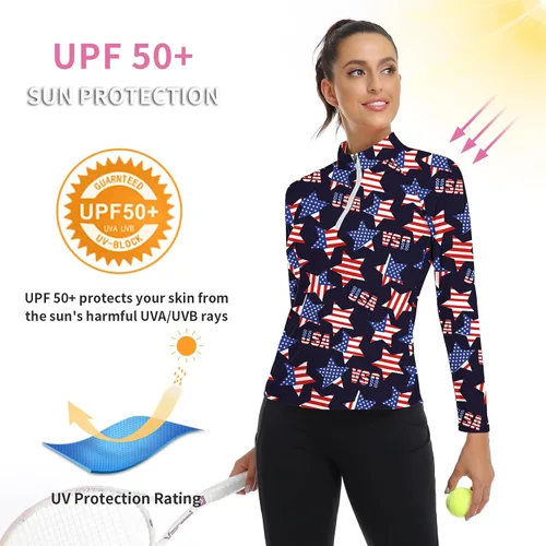 Miniatura 22 de WOWENY Camiseta deportiva de manga larga para mujer, con cremallera de un cuarto, cuello para entrenamiento, camiseta de tenis con estampado
