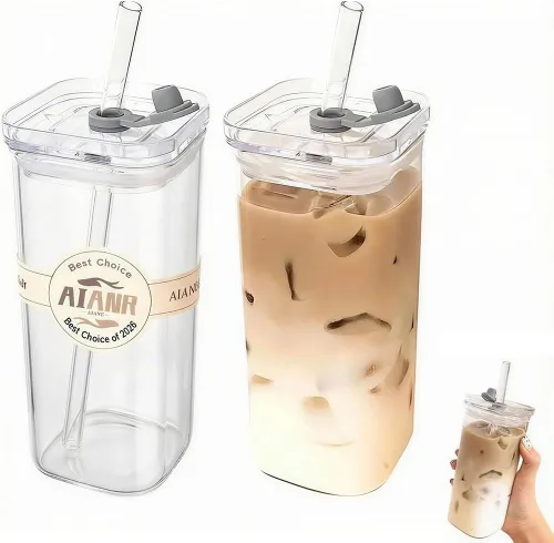 2 tazas de café cuadradas con tapas y pajitas, vasos de 14 onzas, reutilizables, resistentes al calor, resistentes al calor, para café, leche, jugo