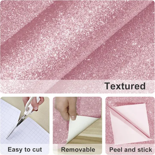 Miniatura 8 de Papel tapiz rosa con purpurina para despegar y pegar para dormitorio de niña, papel de contacto con purpurina brillante, papel de contacto moderno