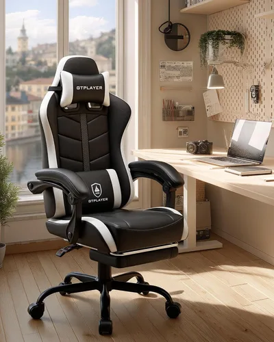 Miniatura 2 de GTPLAYER Silla de juegos para adultos, silla ergonómica para juegos de computadora con reposapiés, altura ajustable, reclinación de 90-155° y Blanco