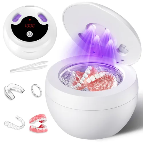 Miniatura 10 de Máquina limpiadora ultrasónica mejorada de retenedores, limpiador ultrasónico de dentaduras postizas de 48 kHz para protectores bucales, aparatos