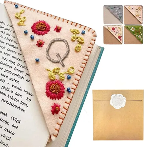 Miniatura 64 de Marcapáginas de esquina bordado a mano personalizado, 26 letras con costura a mano de fieltro, marcapáginas de esquina con bordado de flores lindo