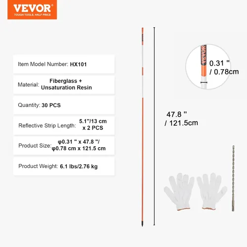Miniatura 7 de VEVOR Marcadores de entrada, 50 PIEZAS 48 pulgadas, 0.31 pulgadas de diámetro, postes de fibra de vidrio naranja con cinta reflectante para nieve