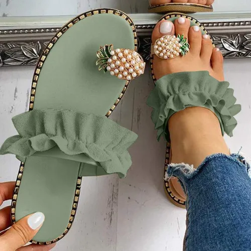 Miniatura 3 de Sandalias planas para mujer, sandalias de piña con perlas bonitas y adorables, sandalias con correa para el dedo gordo, bohemias, casuales
