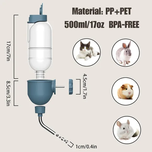 Miniatura 5 de Botella de agua para mascotas para jaula de 17 onzas, dispensador de agua antigoteo para animales pequeños, conejos, conejillos de indias, Azul