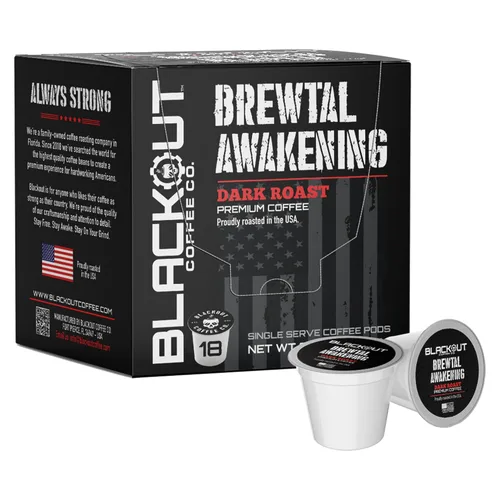 Blackout Coffee Brewtal Awakening - Café tostado oscuro – Alta cafeína, audaz y fuerte, alimenta tu misión – 18 cápsulas de café
