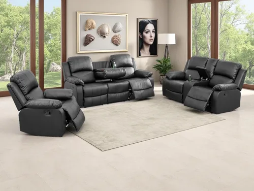 Miniatura 47 de Sofá reclinable manual moderno, sofá reclinable de cuero de 3 plazas, sofá reclinable de sala de estar, sofá con portavasos y mesa abatible