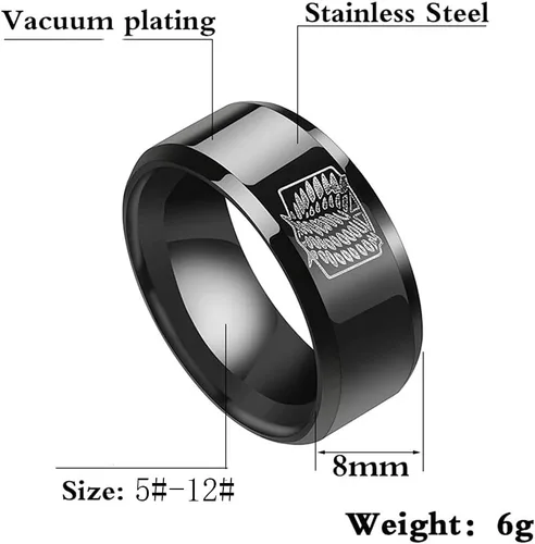 Miniatura 2 de Anillo para hombres y mujeres, anillos de anime de ataque de 0.315in de ancho, tamaño 5-12 grabados con alas de Titán de la Libertad, anillo negro