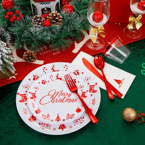 Miniatura 8 de Liacere 175 piezas de platos desechables de plástico navideños rojos y blancos - Incluye 25 platos de postre, 25 platos para cena, 25 cuchillos, 25