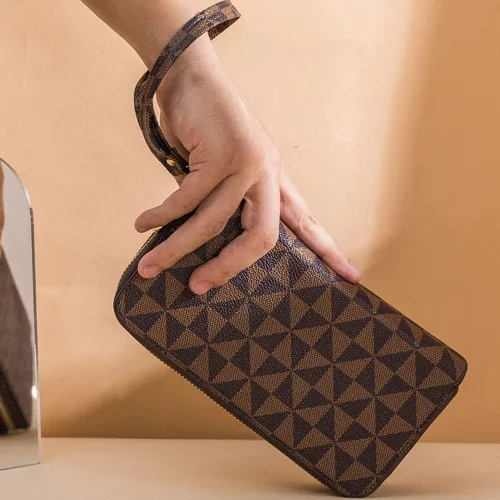Miniatura 21 de Veki Billetera para mujer con doble cremallera y correa para la muñeca, monedero de cuero para tarjetas de crédito para mujeres y hombres, Negro A