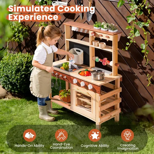Miniatura 7 de ROBOTIME Kids Mud Kitchen, Wooden Mud Kitchen for Kids Outdoor with Real Water Play Sink, BBQ Grill, Coffee Maker & Planting Station, Large Storage