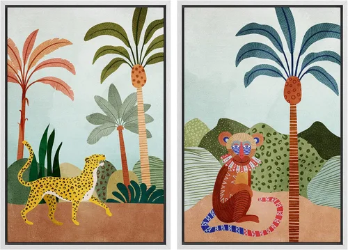 Miniatura 71 de IDEA4WALL - Set de lienzos enmarcados para pared, diseño tropical, selva, hoja de plátano, guepardo rosa, gato, naturaleza, desierto, arte digital