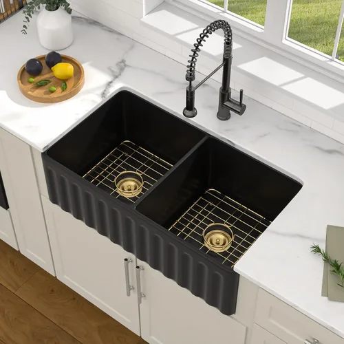 Dcolora Fregadero de porcelana de cerámica negra de 33 pulgadas, fregadero de cocina frontal con delantal de arcilla refractaria con accesorios