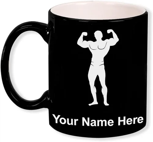 LaserGram Taza de café redonda de cerámica de 11 oz, culturista, grabado personalizado incluido (negro)