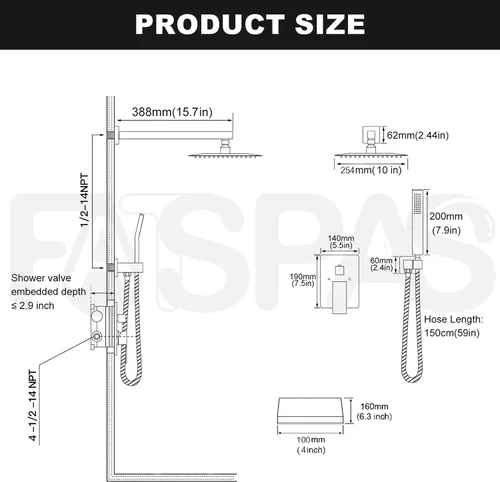 Miniatura 6 de Sistema de ducha dorado cepillado con cabezal de ducha de lluvia de 10 pulgadas y boquilla de bañera cUPC-certified pressure balance brass valve