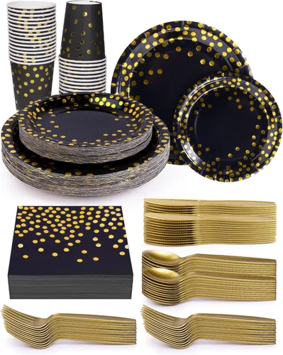 224 piezas de suministros para fiestas, platos de fiesta negros y dorados, juegos de vasos y servilletas con cuchillos, tenedores y cucharas de