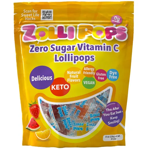Zollipops Vitamina C Clean Teeth Pops - Caramelos sin azúcar, paletas sin colorantes, aptos para dieta cetogénica y diabética, golosinas aprobadas