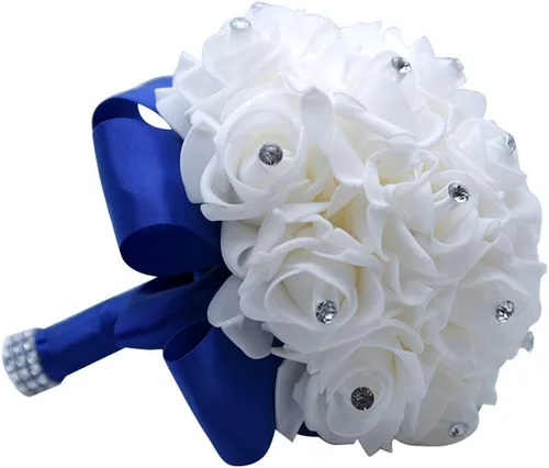 Miniatura 5 de S_SSOY Ramo de boda de cristal PE rosas para novia, dama de honor, flores de mano para fiesta, iglesia, día de San Valentín, azul marino
