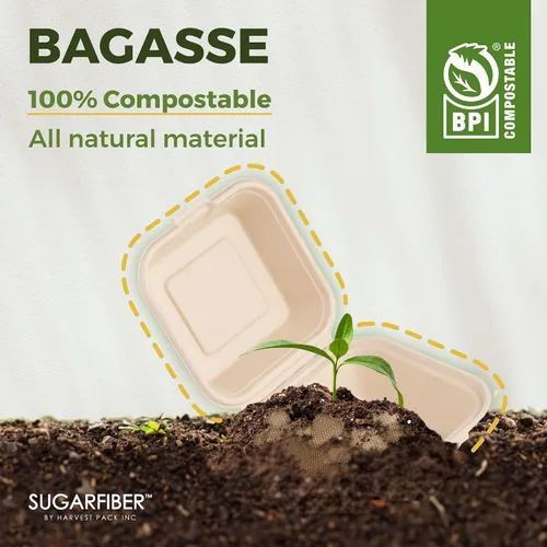 Miniatura 5 de [500 unidades] Fibra de azúcar por Harvest Pack PFAS FREE 6 x 6 pulgadas compostable Clamshell Recipientes de alimentos, contenedor con bisagras