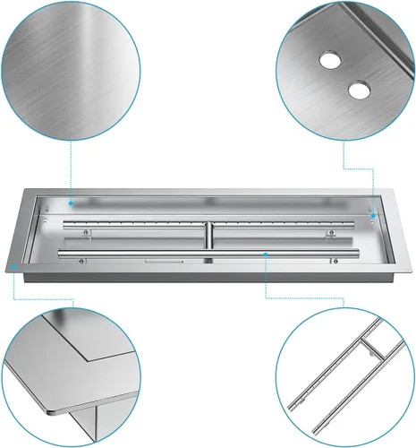 Miniatura 4 de Skyflame Sartén rectangular de acero inoxidable con quemador para interiores y exteriores, área de combustión de 30 x 10 pulgadas