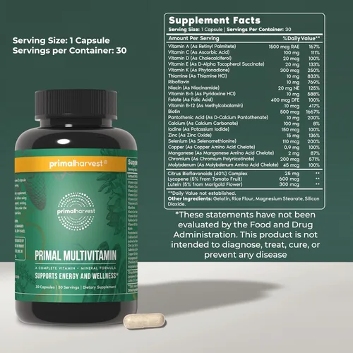 Miniatura 2 de Primal Harvest Primal Multivitamin - Suplemento diario multivitamínico con 21 vitaminas y minerales esenciales para mujeres y hombres, vitamina A