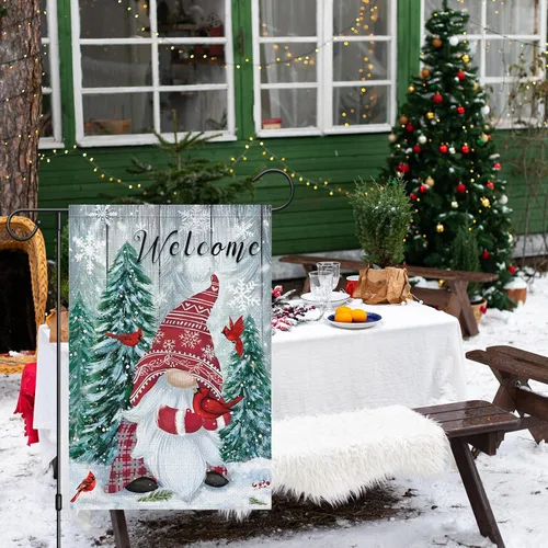 Miniatura 2 de Heyfibro Banderas de Jardín de Gnomos de Invierno Navideño de Bienvenida 12x18 de Doble Cara Arpillera Cardenales Copos de Nieve Nieve Estandarte