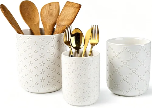 Soporte para utensilios de cocina en relieve, recipiente de cerámica blanca para encimera, organizador grande de utensilios para espátula, cuchara,