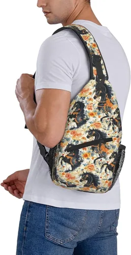 Miniatura 6 de Small Crossbody Bags for Women Men - Vintage Flower Black Horse Print Adjustable Shoulder Bag Fanny Packs Belt Sling Bag Crossbody Purses Backpack