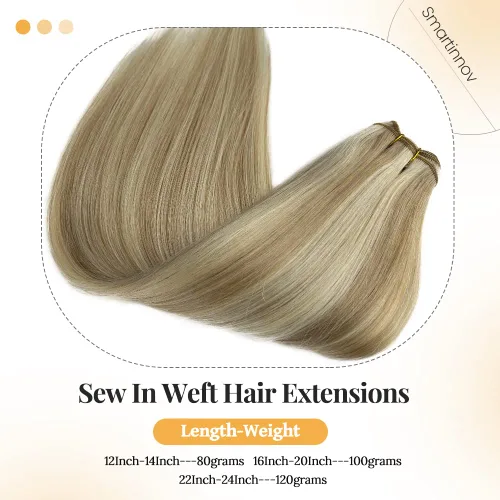 Miniatura 3 de Extensiones de cabello humano real con trama cosida, atadas a mano, color rubio ceniza a rubio con reflejos, extensiones cosidas con trama