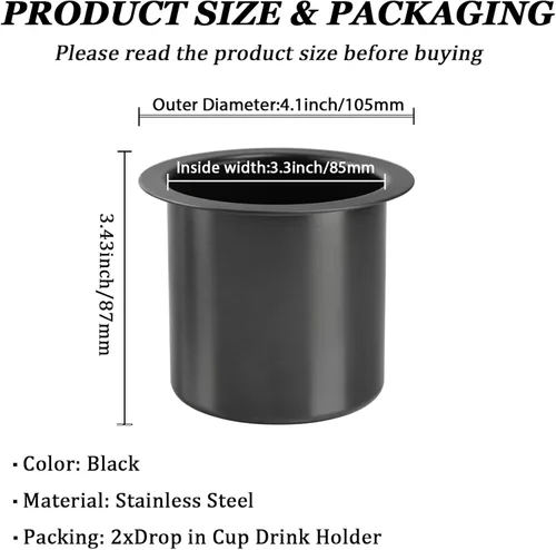 Miniatura 3 de 2 Piezas Portavasos Empotrados, Portavasos Automotrices de Acero Inoxidable 304, Soporte para Bebidas de Mesa de Póquer Negro de 3.3 Pulgadas, Mesa