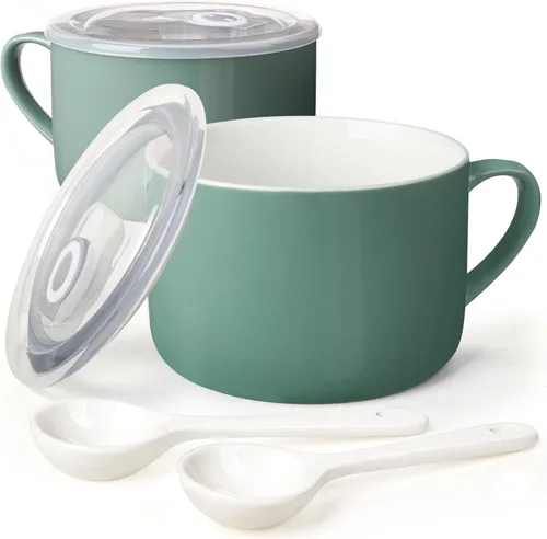 Miniatura 10 de Tazones de sopa con asas y cucharas, cuenco de cerámica para ramen de 30 onzas con tapa, tazas grandes para fideos instantáneos, cuencos grandes