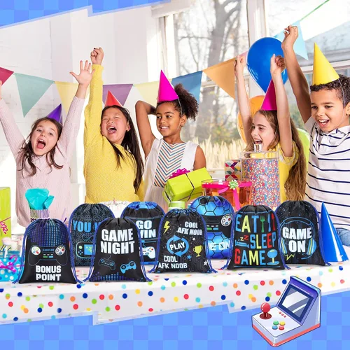 Miniatura 5 de Faccito 16 bolsas de recuerdos de fiesta de videojuegos de 7 x 9.8 pulgadas, bolsas con cordón para fiestas de juegos, temática de juegos a granel