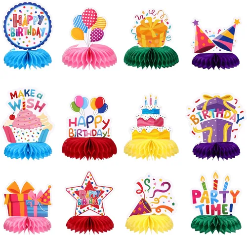 NatNarr 12 piezas de decoración de mesa de cumpleaños, coloridos centros de mesa de feliz cumpleaños, centros de mesa de nido de abeja para niños,