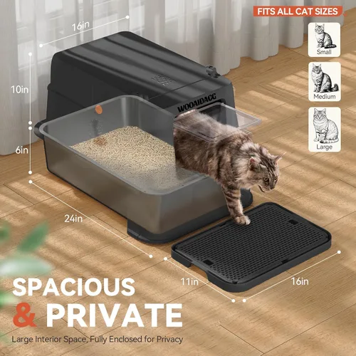 Miniatura 3 de Wooaidagg - Caja de arena para gatos de acero inoxidable cerrada con control de olores, diseño modular con cajón y puerta abatible, fácil de limpiar