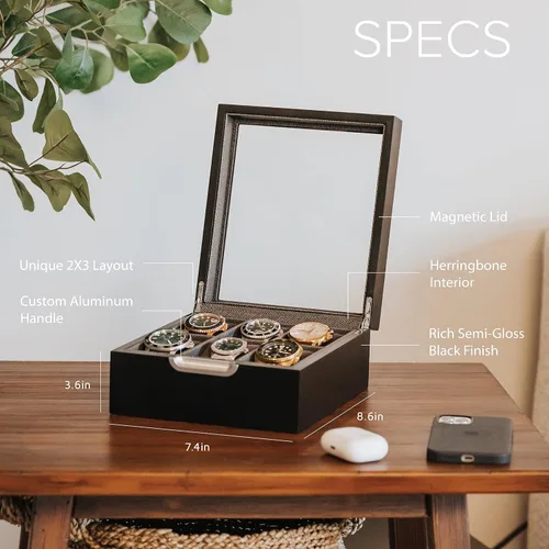 Miniatura 2 de CASE ELEGANCE Caja de reloj moderna 2x3 acabado negro con mango de aluminio personalizado 6 ranuras con vidrio real